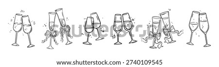 Two glasses of champagne or wine, collection in doodle style. Alcohol and cocktail drink menu. Champagne glasses make cheers. Celebration, party, holiday symbol