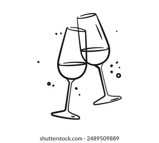 Two glasses of champagne or wine in doodle style. Alcohol and cocktail drink menu. Champagne glasses make cheers. Celebration, party, holiday symbol