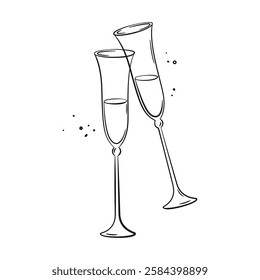 Two glasses of champagne or wine in doodle style. Alcohol and cocktail drink menu. Champagne glasses make cheers. Celebration, party, holiday symbol