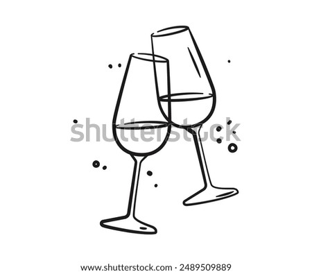 Two glasses of champagne or wine in doodle style. Alcohol and cocktail drink menu. Champagne glasses make cheers. Celebration, party, holiday symbol