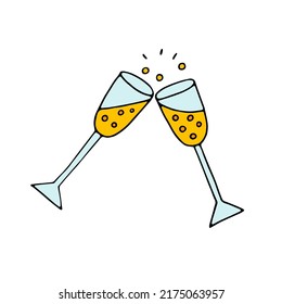 Two glasses of champagne. Glasses with wine. Festive toast. Doodle. Drawn by hand. Festive drink. Alcohol.