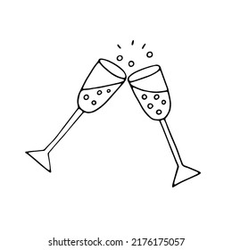 Two glasses of champagne. Glasses with wine. Festive toast. Doodle. Drawn by hand. Festive drink. Alcohol. Sketch. Silhouette. Black and white. Contour. Coloring