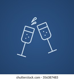 Two glasses of champaign line icon for web, mobile and infographics. Vector light blue icon isolated on blue background.