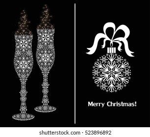 Two glasses and Christmas ball made of snowflakes on black background