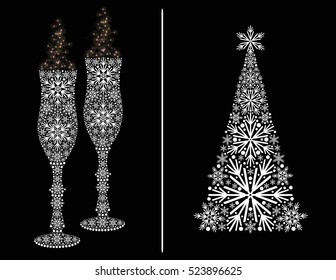 Two glasses and Christmas tree made of snowflakes on black background