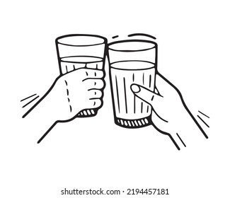 two glasses clink in their hands. vector black and white illustration. drink alcohol. beverages