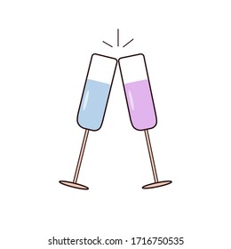 Two glasses clink vector line icon. Glasses of champagne outline illustration.