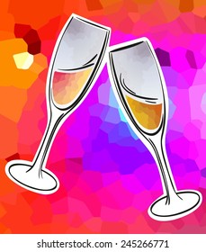 two glasses clinked glasses with sparkling wine on a bright color background