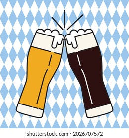 Two glasses clinking against the background of the Bavarian flag. Oktoberfest celebrations in Bavaria. Vector illustration isolated on a white background for design and web.