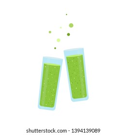 Two glasses clinking  with a green fruit  juice  with a decorative bubbles on a white isolated background. Illustration in simple flat style.Vector illustration. 