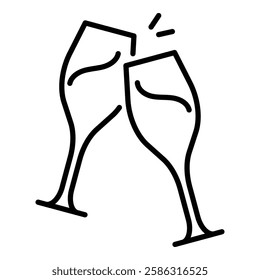 two glasses clinking round line vector icon with editable stroke 
