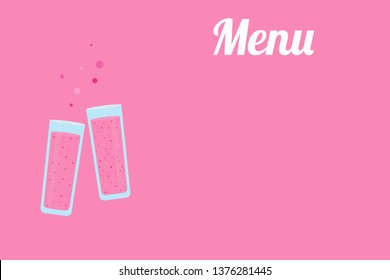 Two glasses  clinking whith juice  on a pink background. Copy space. Summer menu.Raspberry smoothie. Simple vector flat illustration.