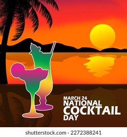 Two glasses of cocktail on a black glass table with a sunset view, with bold text to celebrate National Cocktail Day on March 24