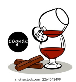 Two glasses of cognac stand on top of each other and two pieces of chocolate bars. brandy or cognac in drink glass. two glass glasses with remnants of alcohol. Woodcut style. for menu or poster.