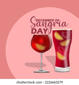 Dos vasos que contienen una bebida con lonchas de limón llamada bebida Sangria que viene de España con texto en negrita sobre fondo rojo claro para celebrar el Día de Sangria el 20 de diciembre