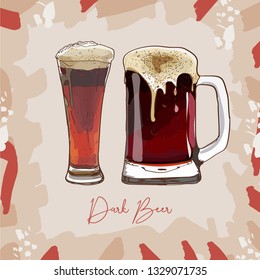 Two glasses of Dark Beer, hand-drawing oktoberfest beer, beer with foam. Vector isolated illustration on abstract background. Sketch style image for menu design, poster or flyer.