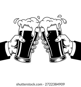 Dois copos de bebida escura são criados em um brinde alegre, simbolizando celebração e camaradagem.