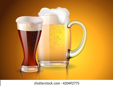 Two glasses with dark and light beer created with gradient meshes 