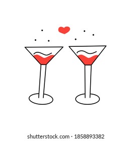 Two glasses with a drink, bubbles and a red heart. Vector isolated illustration in doodle hand drawn style. Happy Valentines Day. Celebration of the event, martini glasses. Declaration of love