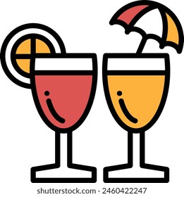 Two glasses of a drink with a lemon wedge in one of them. An umbrella is on top of the other glass