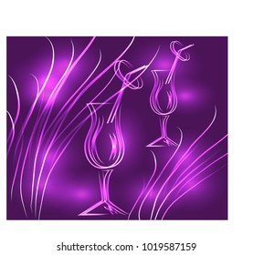 Two glasses with a drink, on a lilac background with neon lights and effects