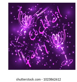 Two glasses with a drink, on a lilac background with neon lights and effects