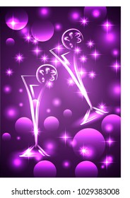 Two glasses with a drink, on a lilac background with neon lights and effects