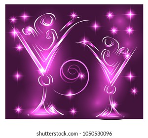 Two glasses with a drink, on a lilac background with neon lights and effects