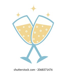 Two glasses with a drink vector icon. Hand-drawn color doodle. Transparent goblet with carbonated liquid, cocktail, champagne. Romantic concept for decoration, print design, cards, web.