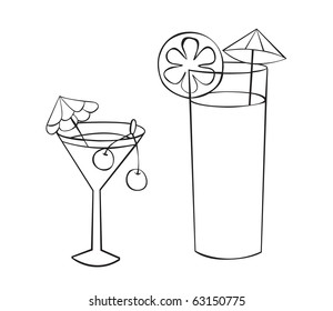 Two glasses of drinks with umbrellas and fruit. Outline drawing