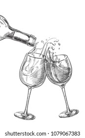 Two glasses with drinks. Wine pouring from bottle into glass, sketch vector illustration. Hand drawn label design elements.