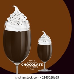 Two Glasses Filled With Chocolate Pudding With Cream On Top With Bold Text On Brown Background, National Chocolate Custard Day May 3