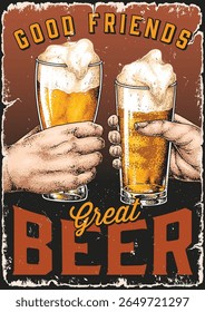 Two glasses filled with golden beer are raised in a toast. The frothy tops overflow slightly as hands embrace each glass. This moment captures friendship and enjoyment.