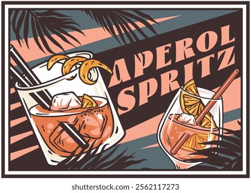 Two glasses filled with an orange aperol spritz cocktail, ice cubes, and orange garnish sit against a backdrop of palm leaves and a vibrant sunset, creating a tropical atmosphere