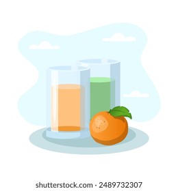 Two glasses filled with orange and green juice accompanied by a tangerine on a blue surface