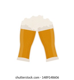 Two glasses of  foaming beer isolated on white. Traditional Bavarian beer festival Oktoberfest. Flat vector icon. Template for logo design, poster, banner, flyer, t-shirt, invitation, sticker, etc. 