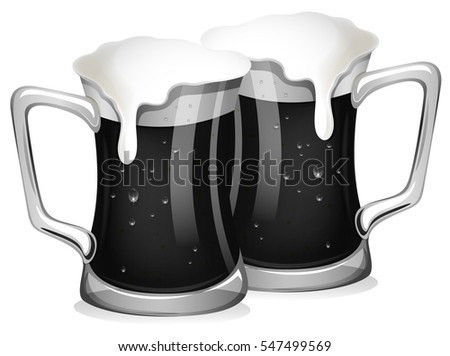 Two glasses of fresh beer in grayscale illustration
