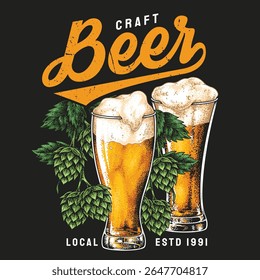 Two glasses of golden craft beer stand prominently topped with foam. Hops surround the glasses emphasizing freshness and quality. This display represents local brewing tradition since 1991.