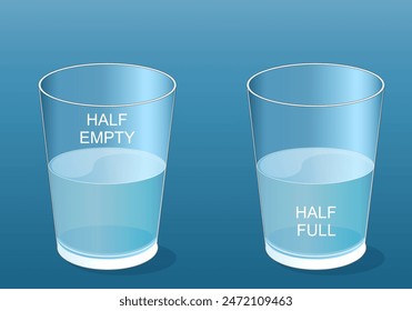 Two glasses. Half empty or half full. Glass of water. Flat vector illustration.