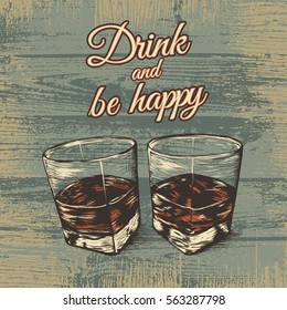 Two glasses hand drawn style vector illustration. Advertising of alcohol drink.Retro poster