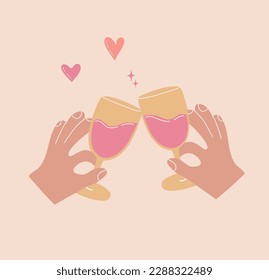 Two glasses in hands clink. Celebrate concept cartoon vector illustration.