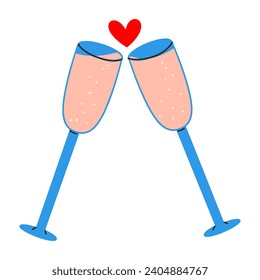 Two glasses with a heart in the middle. Romantic element 
for Happy Valentine's Day. Hand draw vector illustration.