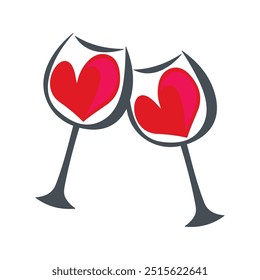 Two glasses with hearts. Concept love, date, romance. Vector linear icon isolated on white background.