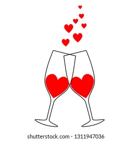 Two glasses with hearts holiday valentine's day valentine's day wedding, marriage, nuptials, bridal, nuptial, espousal logo sketch drawing black red icon