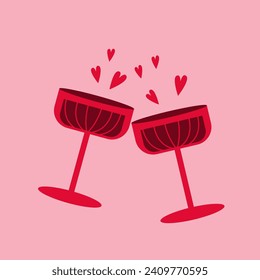 Two glasses with hearts. Wine for Valentine's Day. Elements for Valentine's day, wedding, mother's day. Vector illustration.