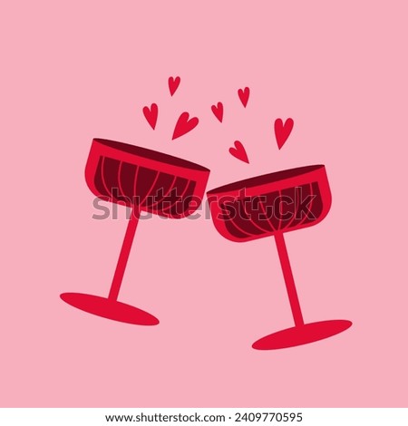 Two glasses with hearts. Wine for Valentine's Day. Elements for Valentine's day, wedding, mother's day. Vector illustration.