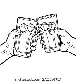 Dois copos com gelo e canudos são mostrados colados juntos, simbolizando um brinde ou celebração.