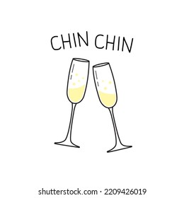 Two glasses isolated on a white background. Glasses of champagne. Greeting card, happy New Year, Christmas, birthday, wedding. Vector illustration in hand-drawn style.