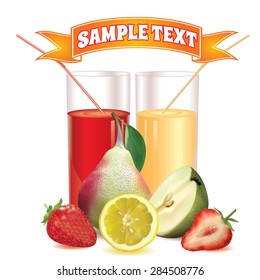 two glasses with juice and straw, slice of lemon, pear with leaf and half of pear, ripe strawberry and slice of strawberry on a white background with a ribbon for inscription at the top
