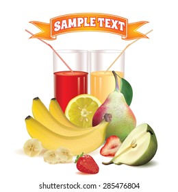 two glasses with juice and straw, slice of lemon, bananas and slice of banana, pear with leaf and half of pear, ripe strawberry and slice of strawberry on a white background